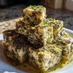 A stack of white cheese cubes heavily coated in green herbs and oil, showcasing the delicious marinated cheese.