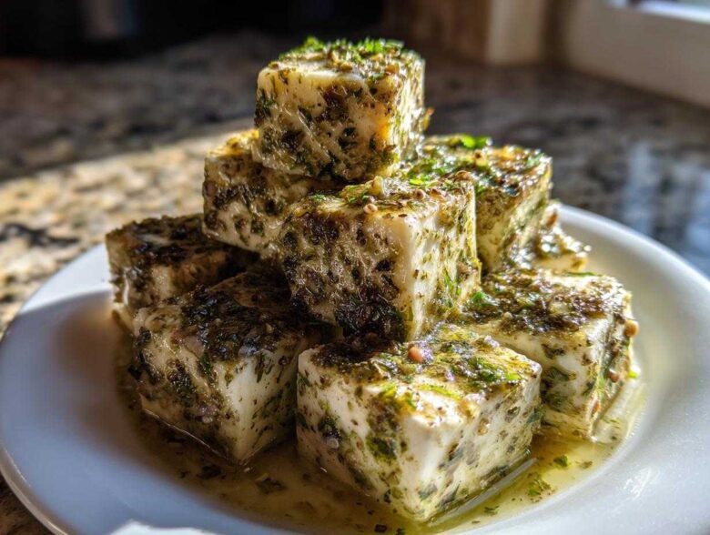 A stack of white cheese cubes heavily coated in green herbs and oil, showcasing the delicious marinated cheese.
