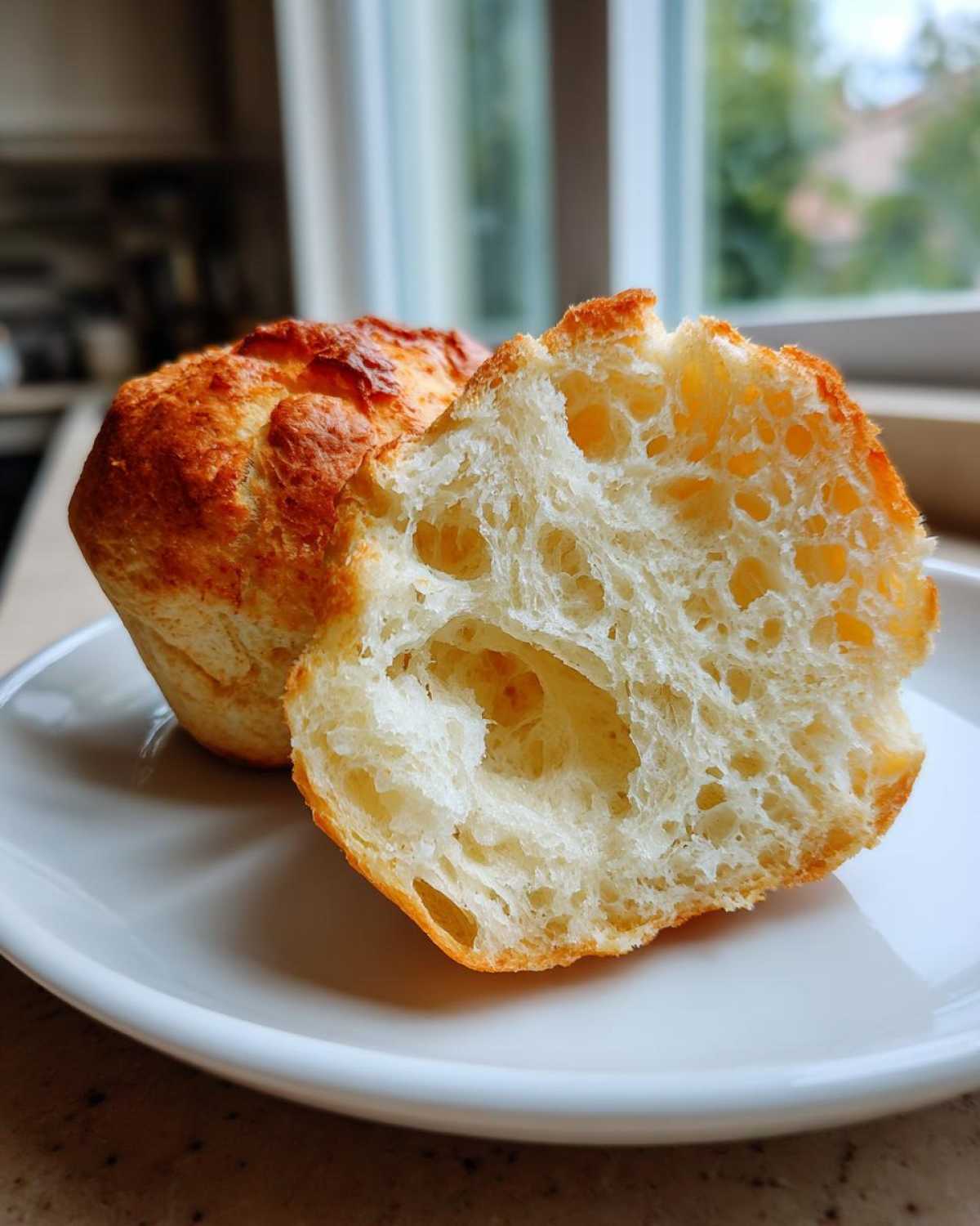 Close-up of a homemade English muffin split open, showing the signature nooks and crannies texture.