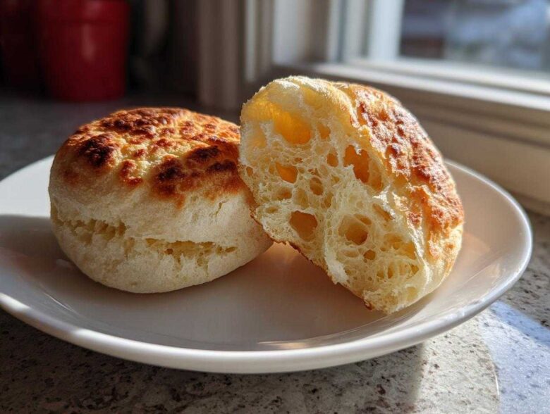 Close-up of two homemade English muffins, one sliced open to show the characteristic airy, open crumb structure.