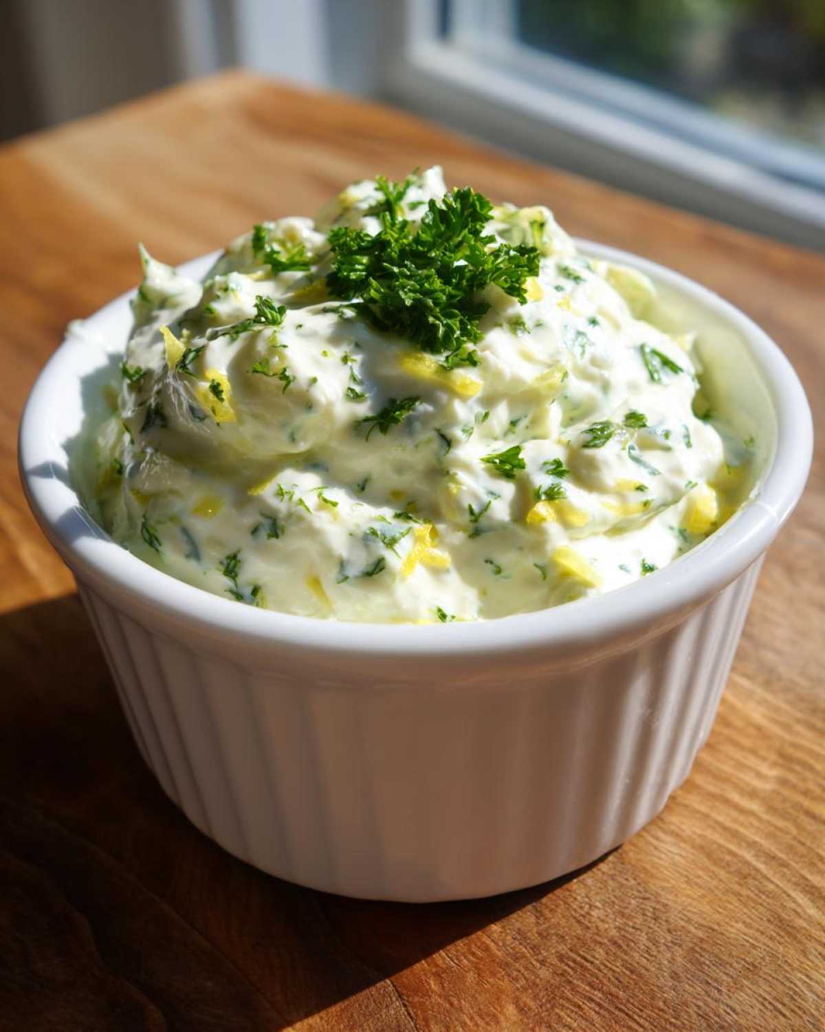 A creamy, homemade tartar sauce recipe garnished with fresh parsley and lemon zest in a white bowl.
