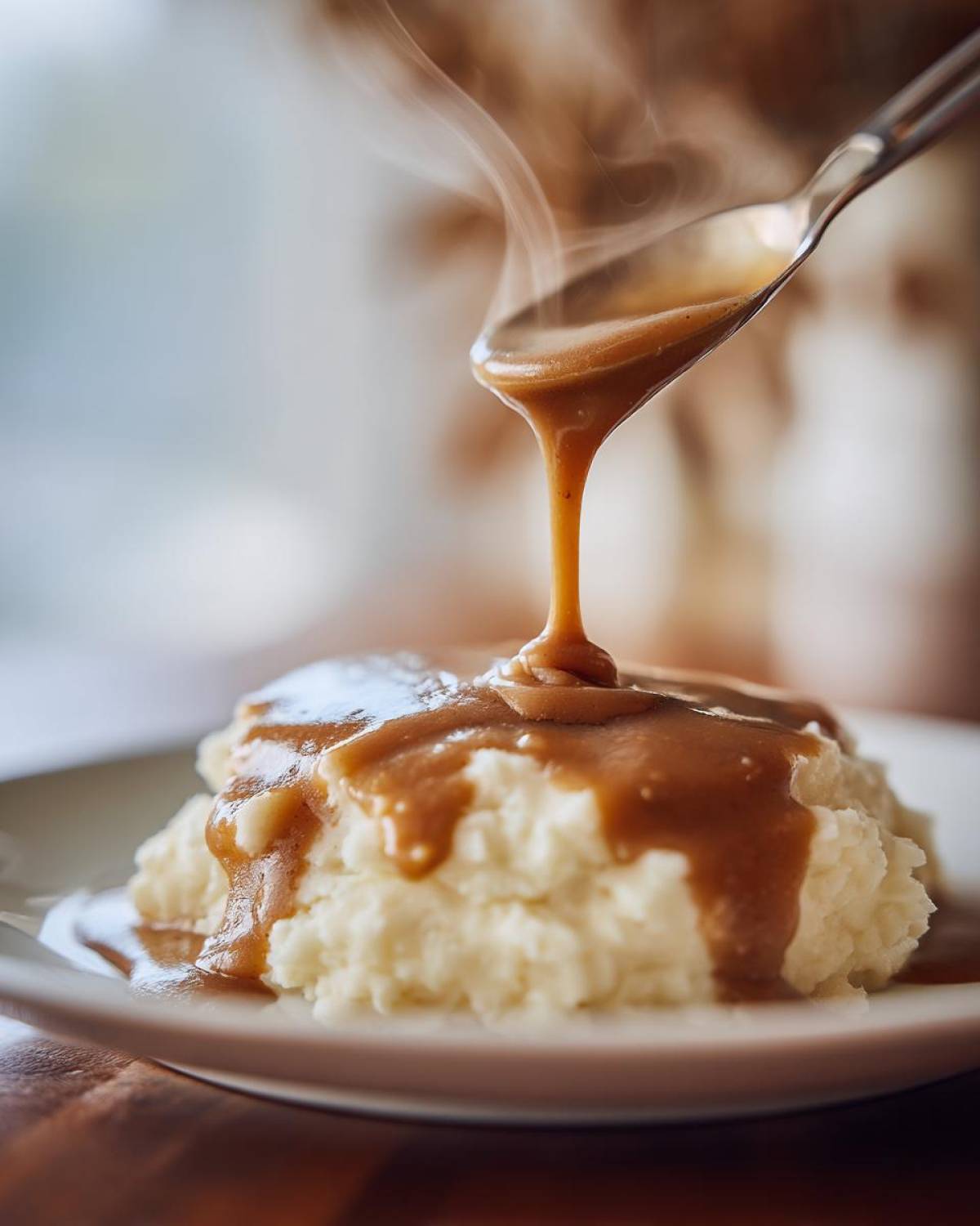 A spoonful of steaming hot chicken gravy is poured over a mound of fluffy mashed potatoes.