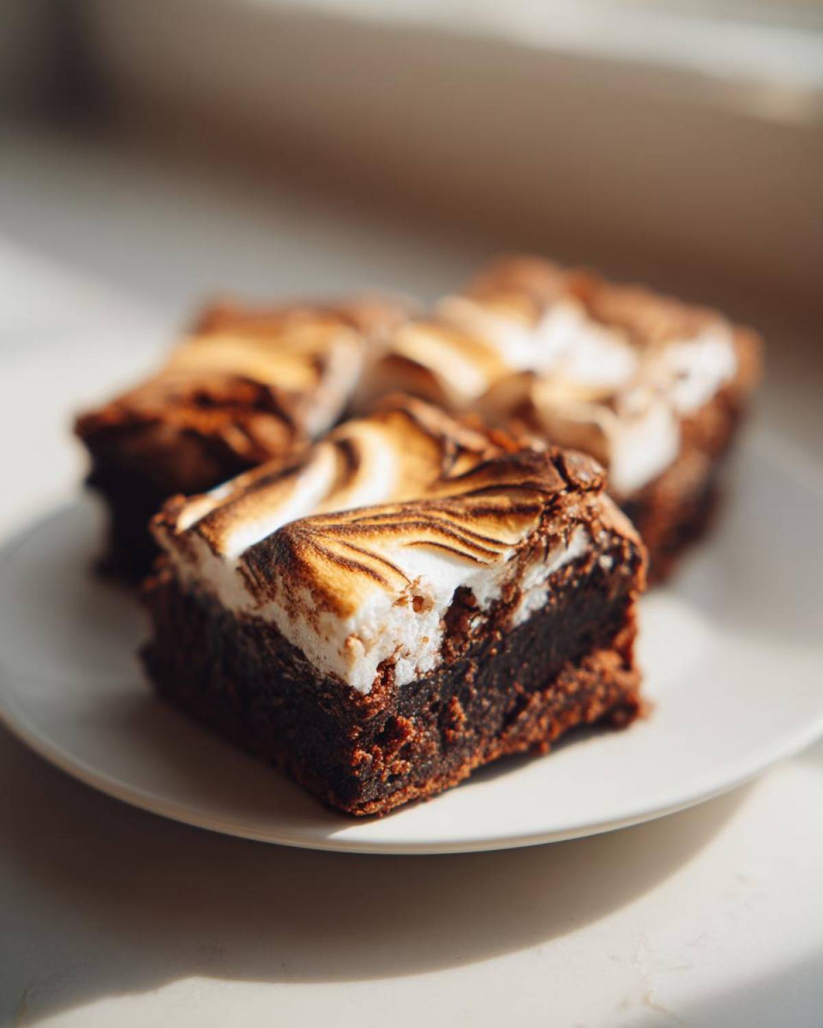 Close-up of rich, fudgy hot chocolate brownies topped with toasted marshmallow swirl.