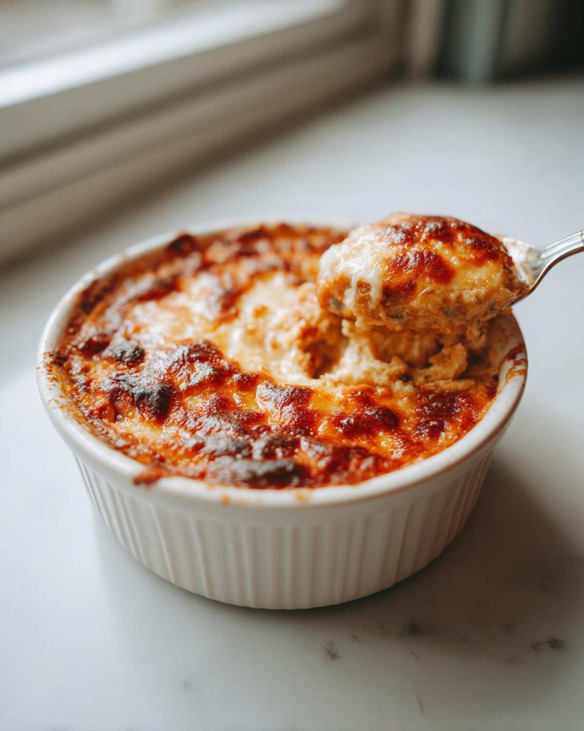 A spoonful of hot, cheesy stuffed mushroom dip being lifted from a white ramekin with a golden-brown, baked top.