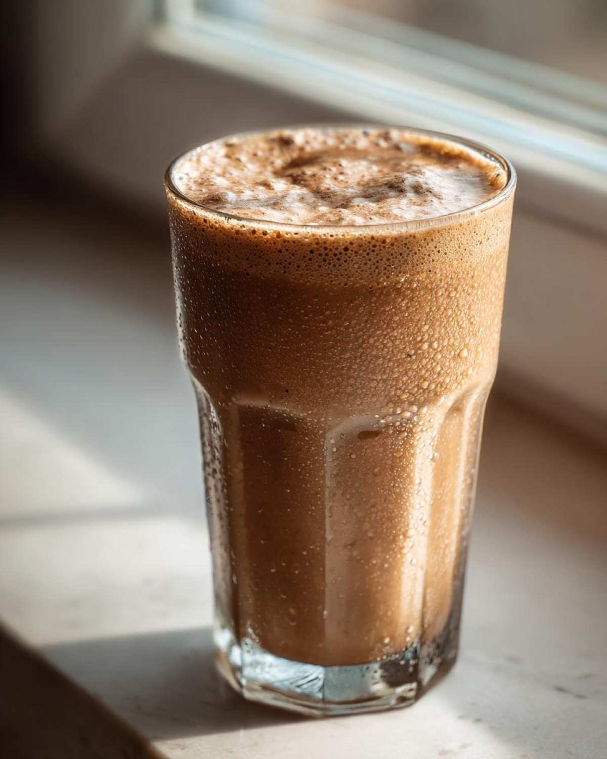 A tall glass filled with a frothy, brown Coffee Smoothie, showing condensation droplets on the exterior.