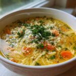 Close-up of a white bowl filled with hot Italian penicillin soup, featuring noodles, carrots, and topped with Parmesan cheese and parsley.