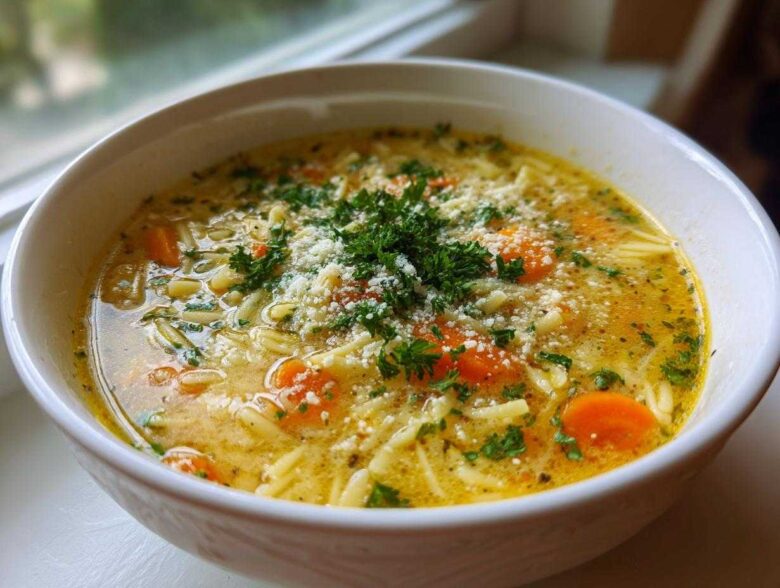 Close-up of a white bowl filled with hot Italian penicillin soup, featuring noodles, carrots, and topped with Parmesan cheese and parsley.
