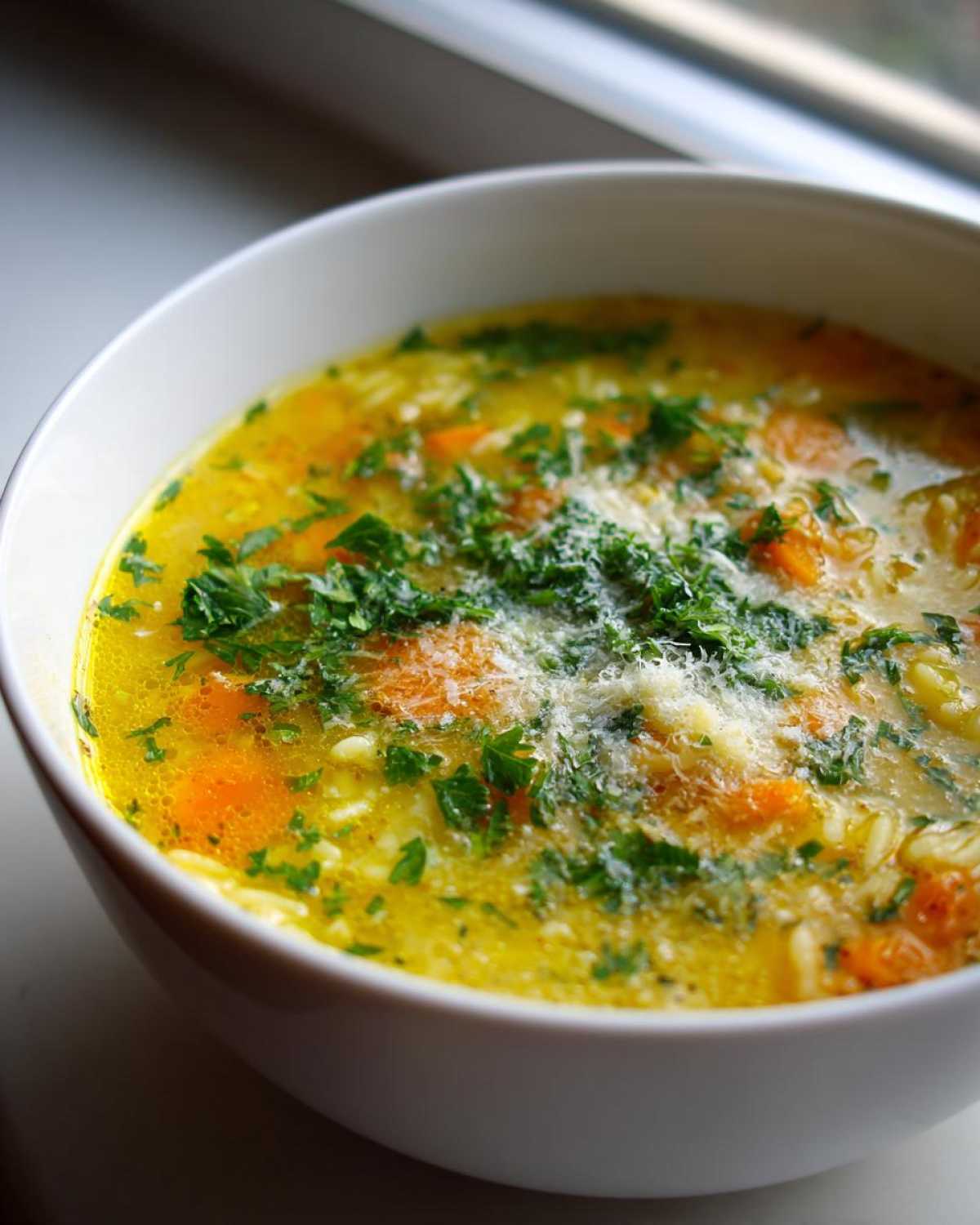 Close-up of a white bowl filled with golden Italian penicillin soup, topped with fresh parsley and grated cheese.