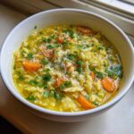 Close-up of a white bowl filled with Italian penicillin soup, featuring small pasta, sliced carrots, and topped with Parmesan cheese and parsley.
