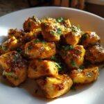 Close-up of golden, glazed chicken bites tossed in sauce and sprinkled with fresh parsley.