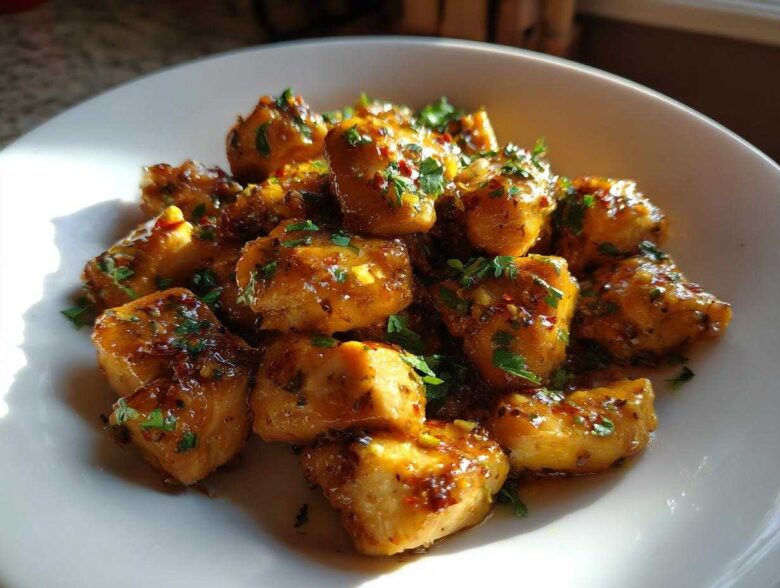 Close-up of golden, glazed chicken bites tossed in sauce and sprinkled with fresh parsley.