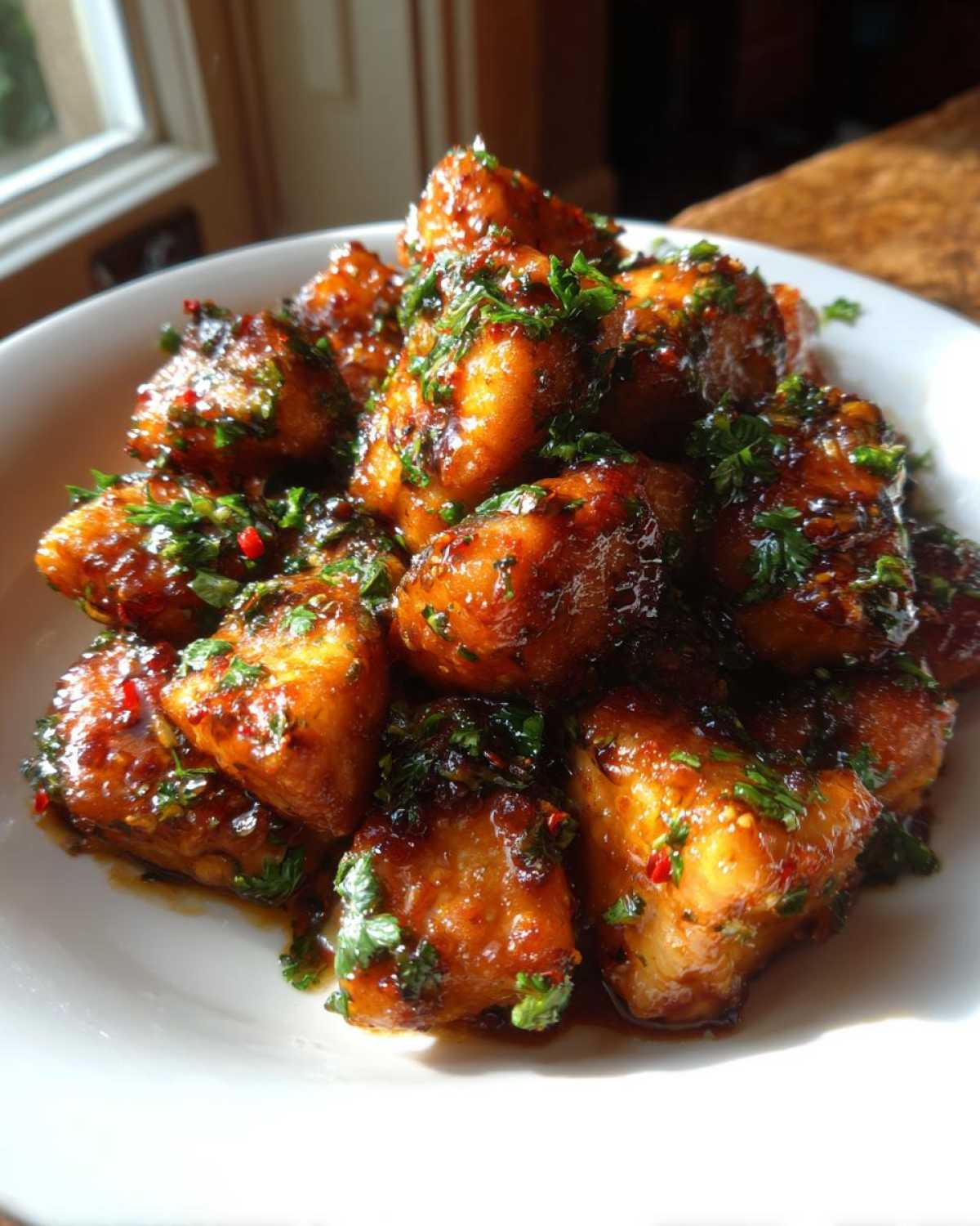 A white bowl filled with glossy, glazed chicken bites topped with fresh parsley and chili flakes.