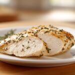 Close-up of a perfectly cooked, juicy chicken breast, sliced to show white meat, seasoned with herbs from the chicken marinade.