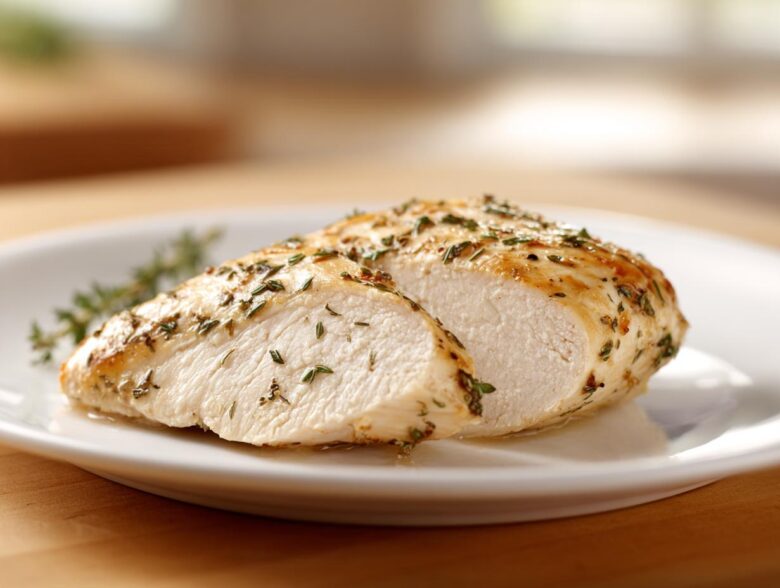 Close-up of a perfectly cooked, juicy chicken breast, sliced to show white meat, seasoned with herbs from the chicken marinade.