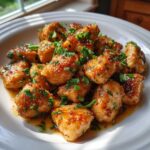 Close-up of glistening, glazed chicken bites piled on a white plate, topped with fresh chopped parsley.