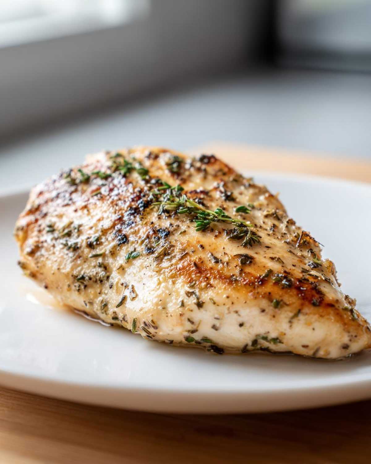 Close-up of a perfectly cooked, juicy chicken breast seasoned with herbs, likely from a great chicken marinade.