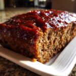 Close-up of a slice of juicy meatloaf topped with a thick, glossy, dark red glaze.