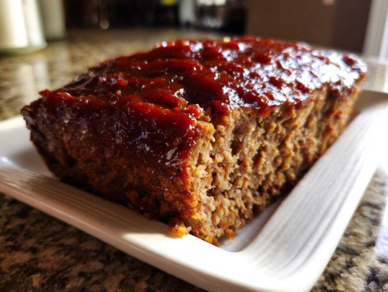 Close-up of a slice of juicy meatloaf topped with a thick, glossy, dark red glaze.