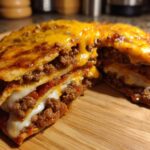 A close-up cross-section of a layered Mexican pizza showing seasoned ground beef, sauce, and melted white and orange cheese between tortillas.