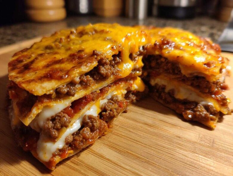 A close-up cross-section of a layered Mexican pizza showing seasoned ground beef, sauce, and melted white and orange cheese between tortillas.