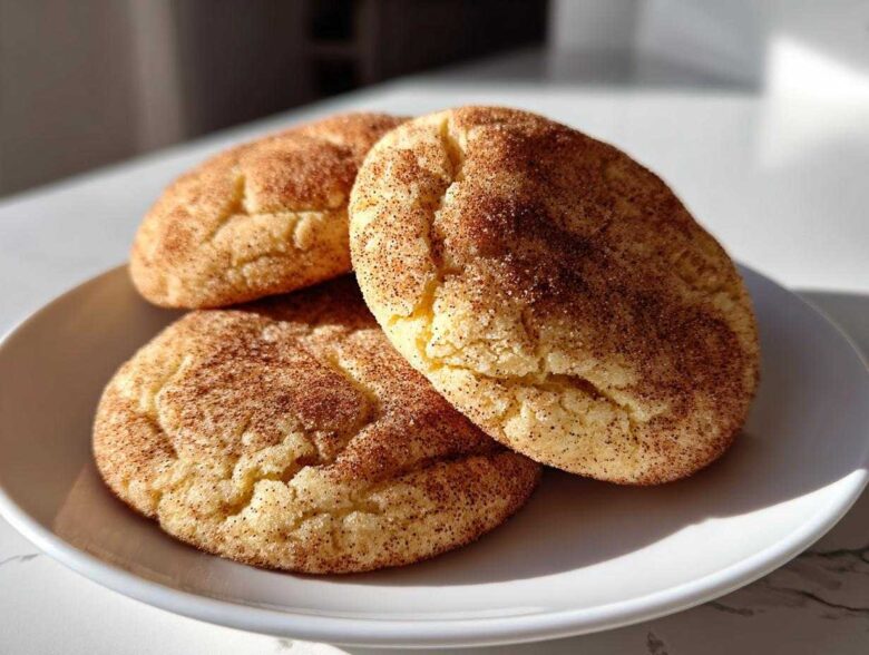 Three soft, thick snickerdoodle cookies generously coated in cinnamon sugar, resting on a white plate.