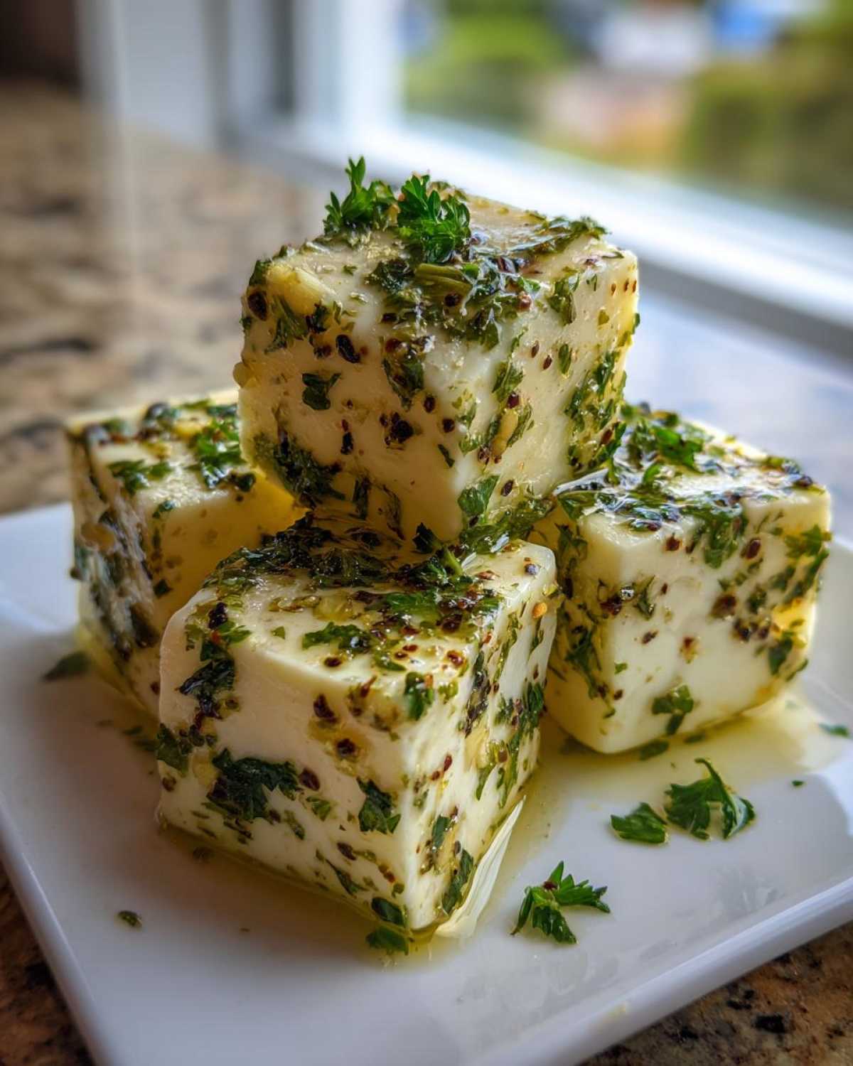 Four cubes of white cheese heavily coated in herbs and spices, glistening with oil from the marinated cheese preparation.
