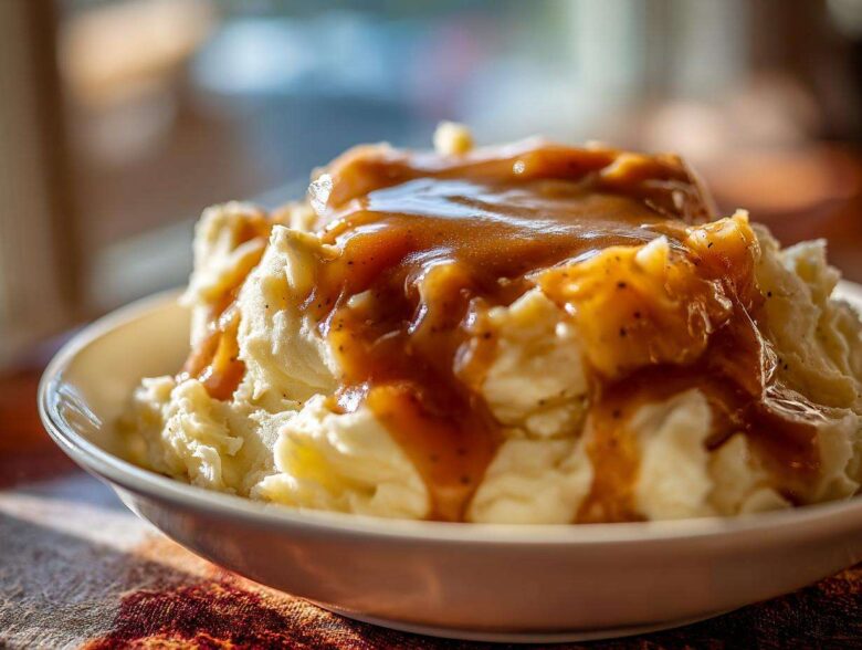 Close-up of fluffy mashed potatoes generously topped with rich, brown chicken gravy.