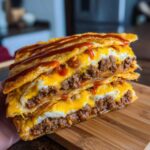A close-up of two stacked halves of Mexican pizza showing layers of seasoned ground beef, melted cheese, and sauce drizzle.