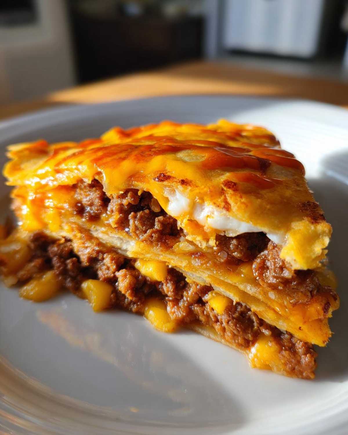 Close-up of a layered slice of Mexican pizza showing seasoned ground beef, melted cheese, and crispy tortillas.