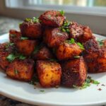 A close-up of crispy, richly seasoned Mexican Potatoes piled high on a white plate and garnished with fresh cilantro.