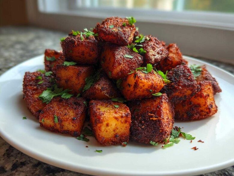 A close-up of crispy, richly seasoned Mexican Potatoes piled high on a white plate and garnished with fresh cilantro.