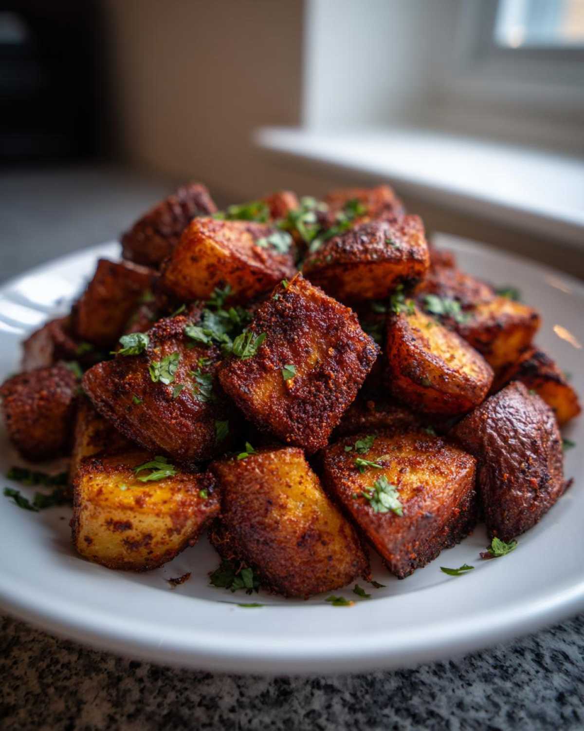 A close-up of crispy, seasoned Mexican Potatoes piled high on a white plate and garnished with fresh cilantro.