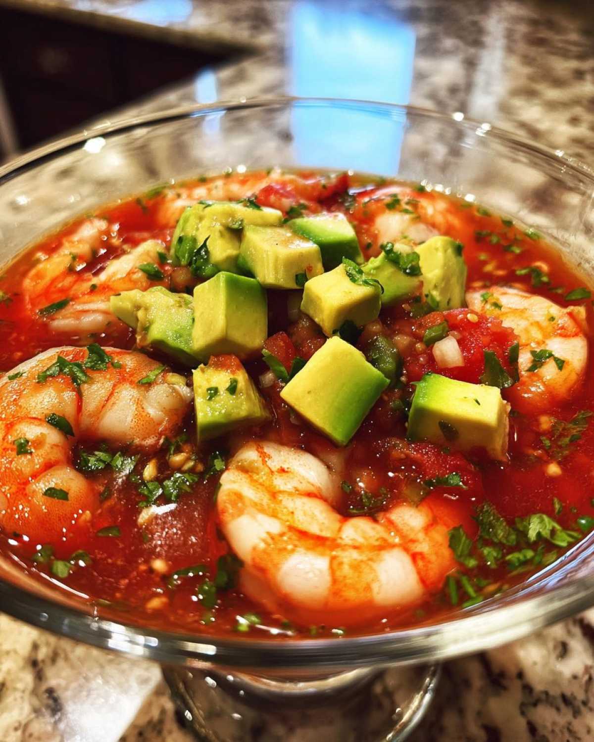 Close-up of vibrant Mexican shrimp cocktail with large shrimp, diced avocado, and cilantro in a tomato-based sauce.