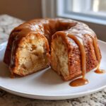 A slice cut from a moist apple bundt cake topped generously with dripping caramel sauce.