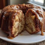 A moist apple bundt cake, cut to show the interior texture and apple chunks, covered in a thick caramel glaze.