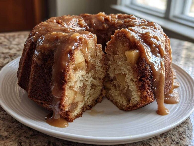 A moist apple bundt cake, cut to show the interior texture and apple chunks, covered in a thick caramel glaze.