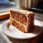 A moist slice of applesauce cake with visible spice texture and thick cream cheese frosting, sitting on a white plate.