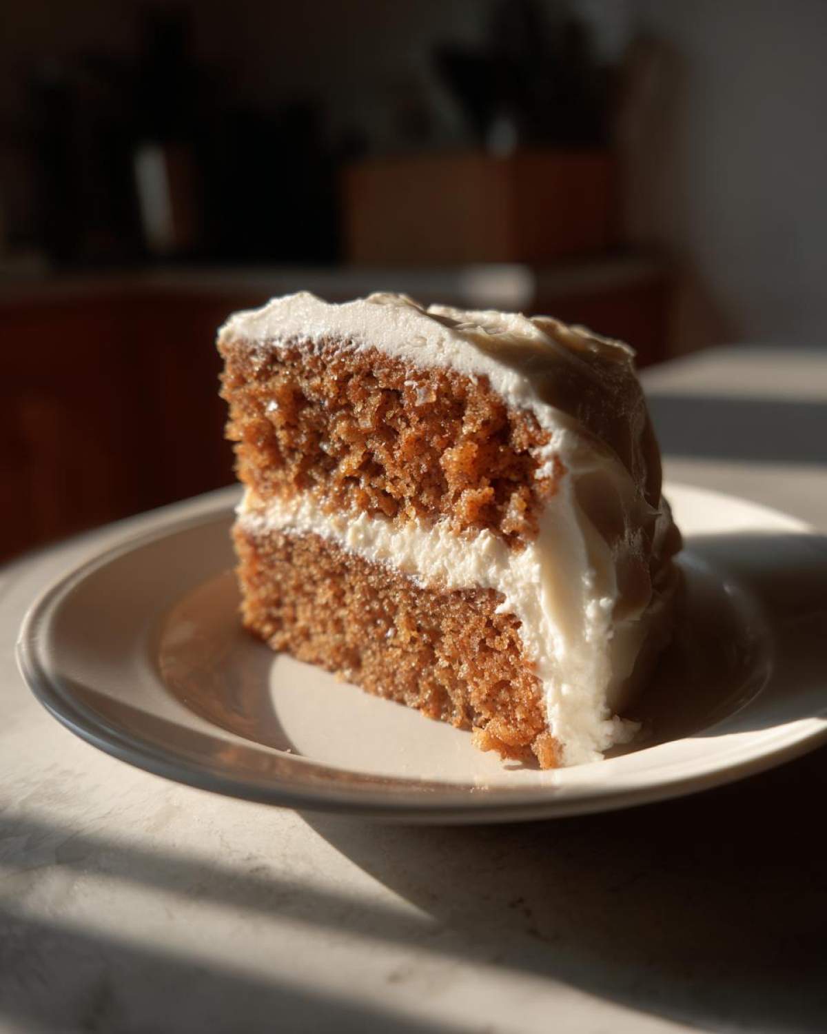 A close-up slice of moist applesauce cake layered with thick white frosting, bathed in sunlight.