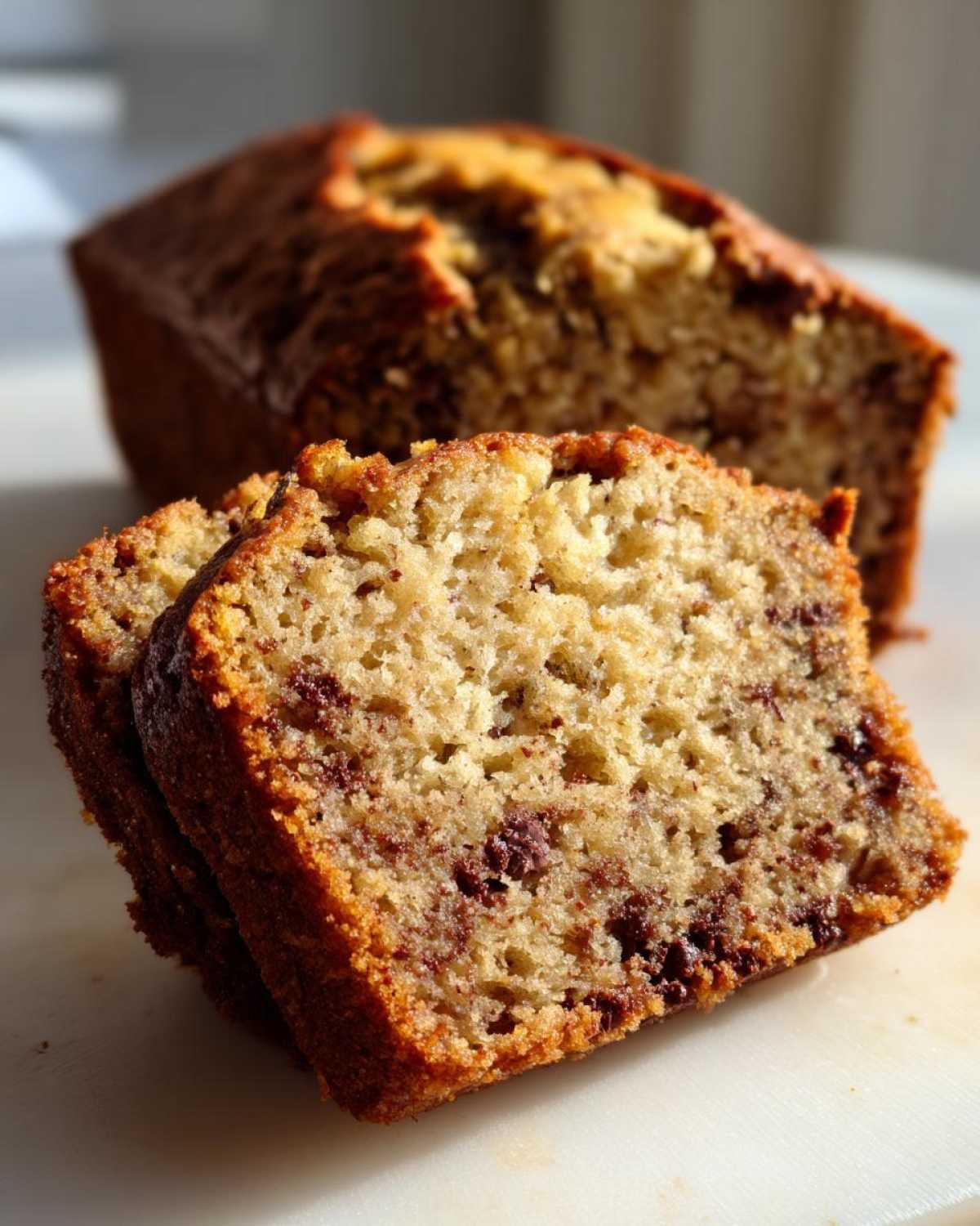 Close-up of two moist slices of chocolate chip banana bread, with the loaf visible in the background.