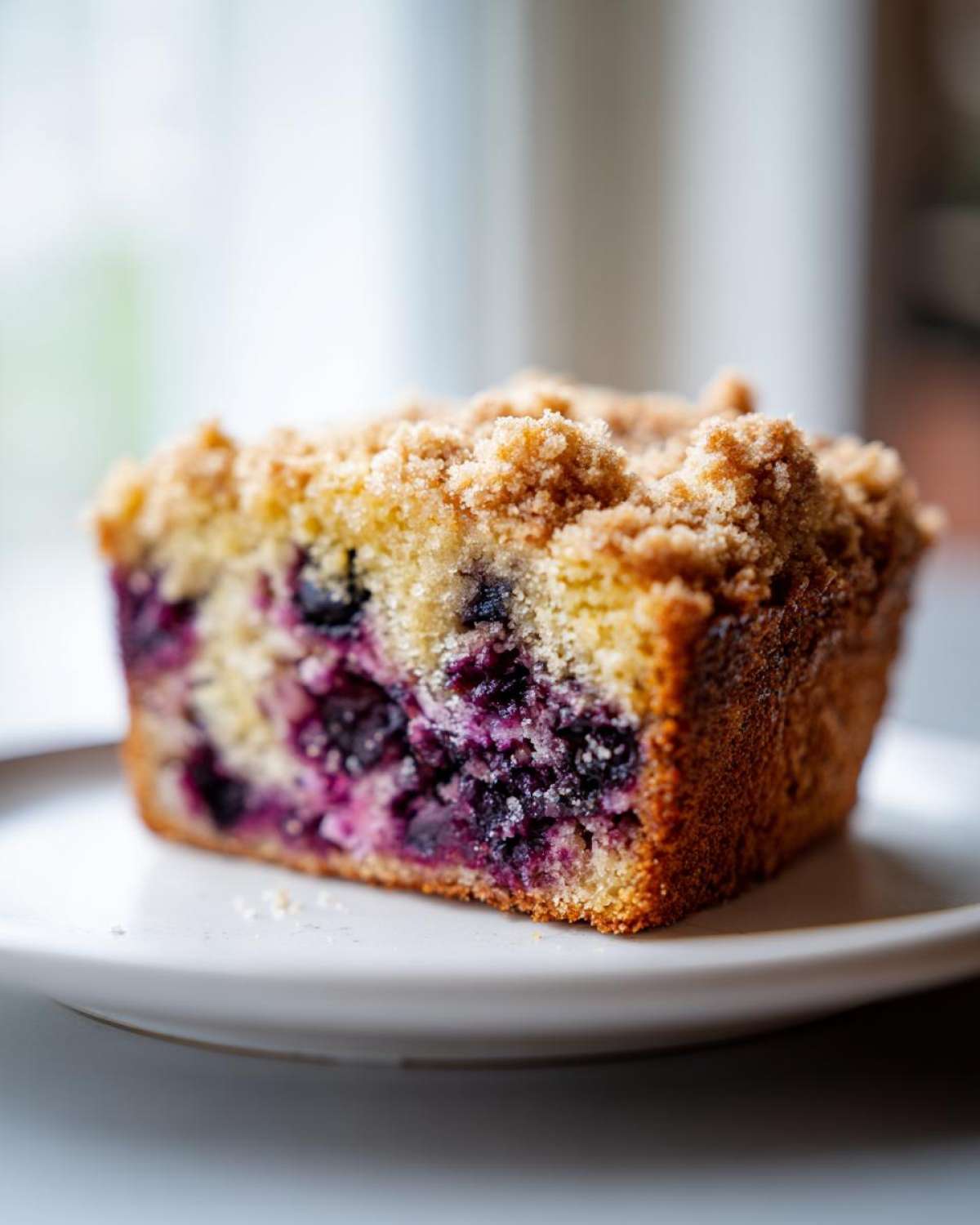 Close-up of a moist slice of blueberry banana bread topped with brown sugar streusel, served on a white plate.