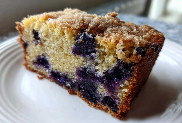 Close-up of a moist slice of blueberry banana bread topped with a brown sugar streusel.