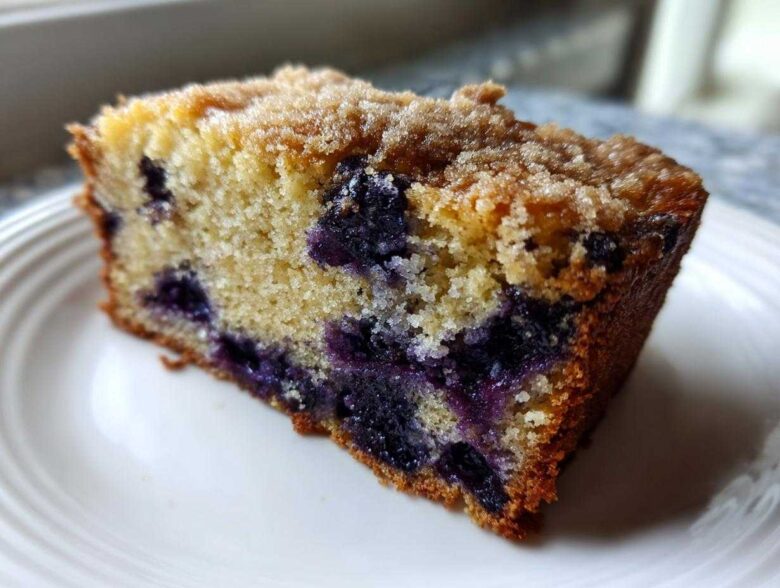 Close-up of a moist slice of blueberry banana bread topped with a brown sugar streusel.