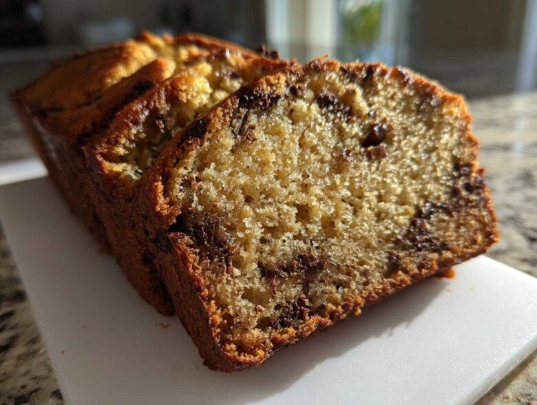 Close-up of moist chocolate chip banana bread, showing the soft crumb and rich brown crust.