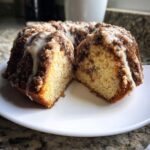 Close-up of a slice cut from a moist coffee cake showing the tender crumb, cinnamon swirl, and vanilla glaze.