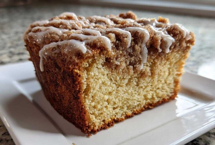 Close-up of a moist slice of coffee cake featuring a thick cinnamon streusel topping and white vanilla glaze.