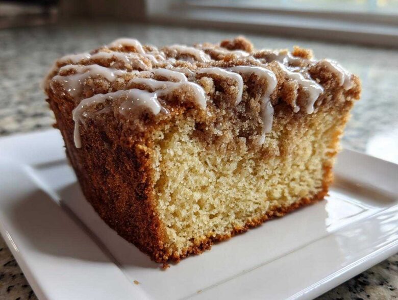 Close-up of a moist slice of coffee cake featuring a thick cinnamon streusel topping and white vanilla glaze.