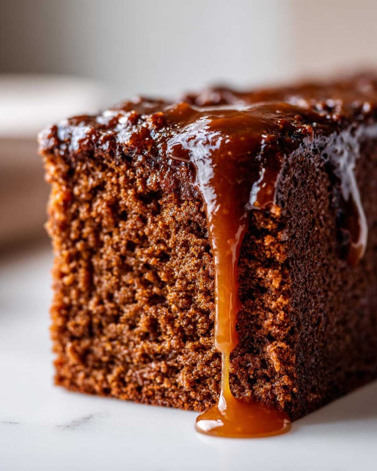 A close-up, macro shot of a slice of rich, dark gingerbread cake topped with thick caramel sauce dripping down the side.
