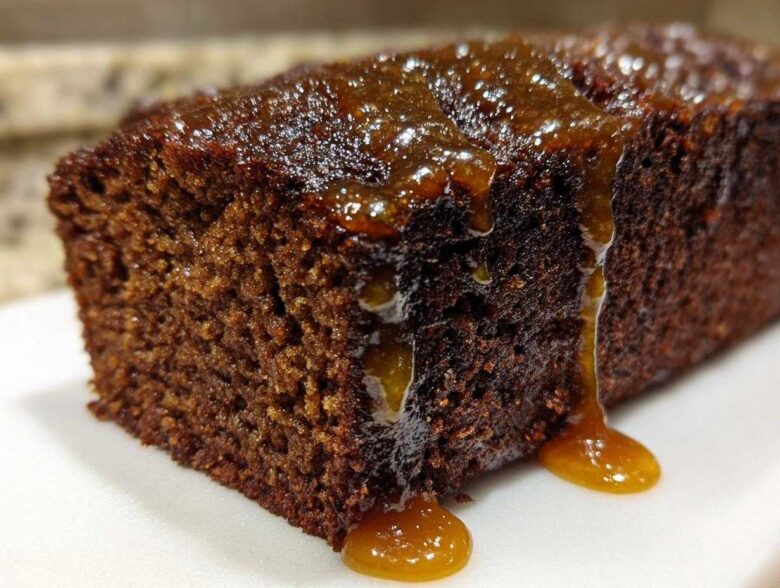 Close-up of a rich, dark slice of gingerbread cake topped with a thick, dripping amber glaze.