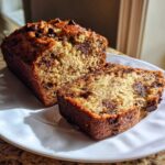 A loaf of moist greek yogurt banana bread with chocolate chips, partially sliced on a white plate.