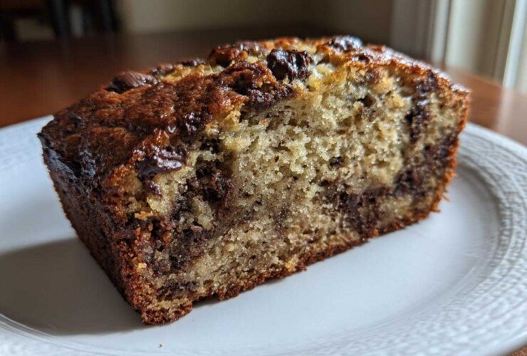 Close-up of a moist slice of greek yogurt banana bread featuring visible chocolate chips throughout the crumb.